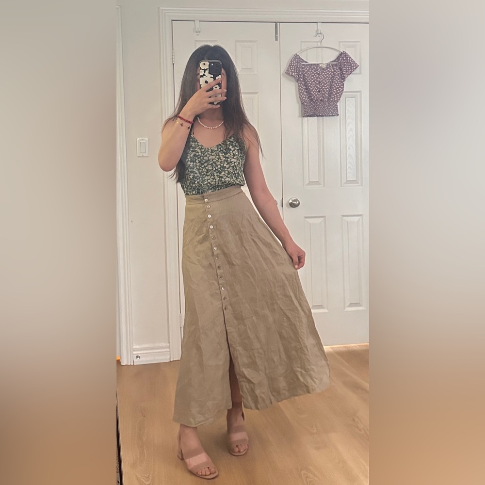 Brand new Massino Dutti 100% linen Tan Button-Down maxi Skirt size 34